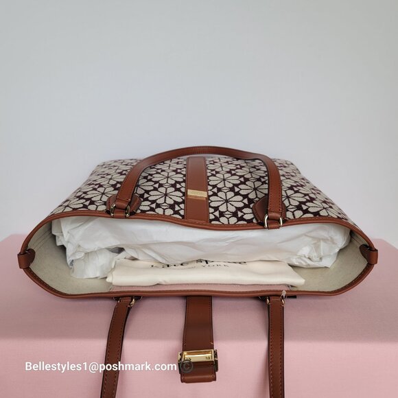 KATE SPADE Spade-Flower Jacquard and Leather Medium Open Tote- Burgundy Multi⭐ - Picture 12 of 16